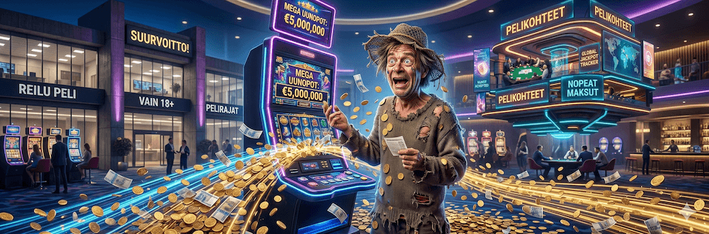 Uunpotti. Rähjäinen mies voittaa ison summan pelikoneesta.